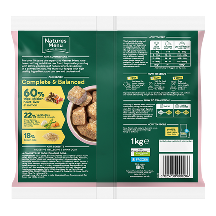 Natures Menu 60/40 Complete and Balanced Tripe, Chicken, Heart, Liver & Salmon 1kg Nuggets