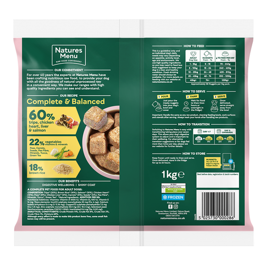 Natures Menu 60/40 Complete and Balanced Tripe, Chicken, Heart, Liver & Salmon 1kg Nuggets